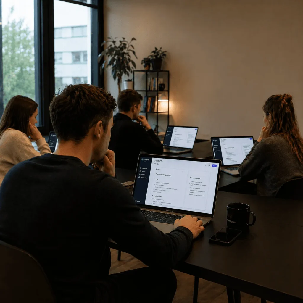 Zespół pracujący na laptopach z ChatGPT podczas spotkania w biurze