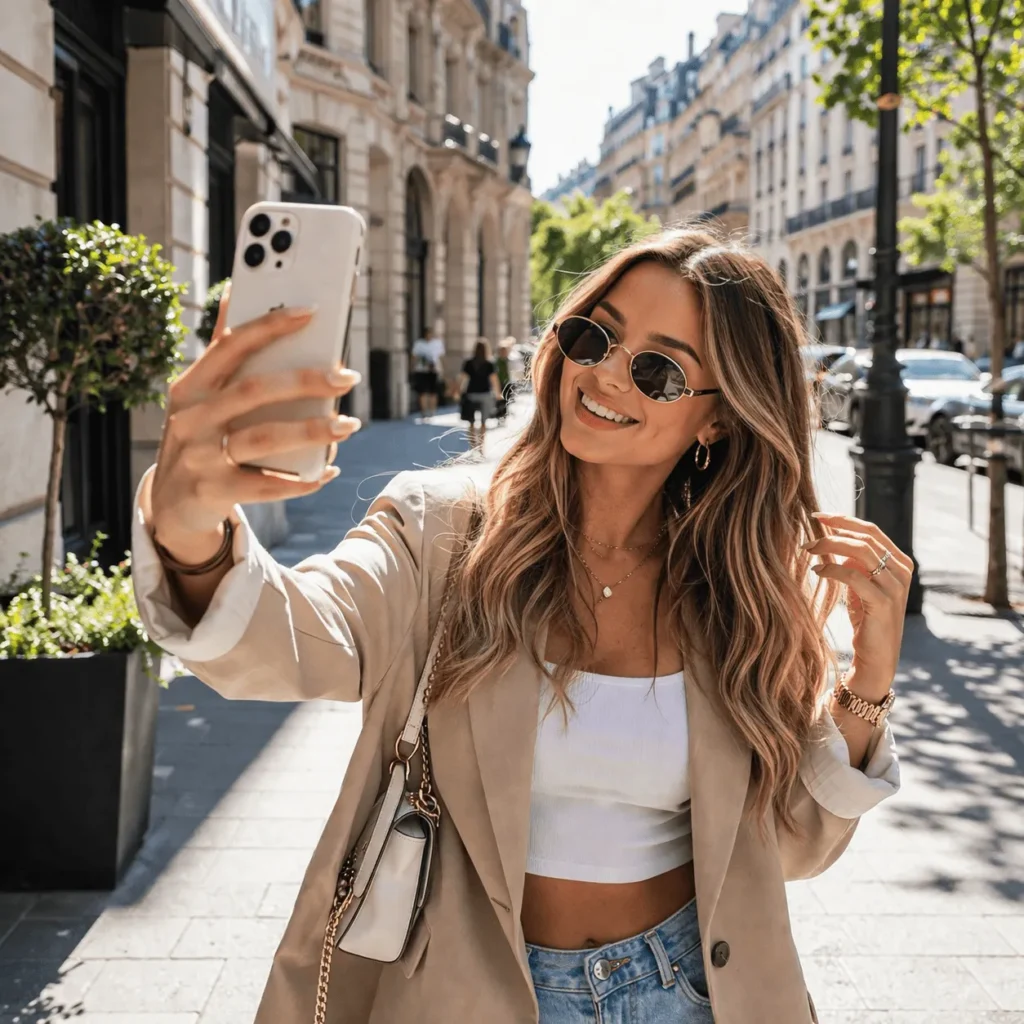 Kobieta robiąca selfie smartfonem na ulicy w słoneczny dzień w miejskiej scenerii