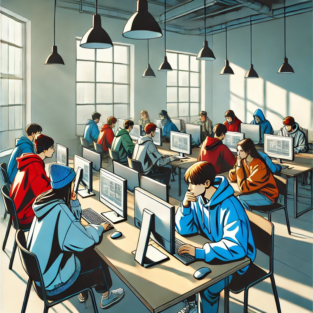 ludzie siedzący przy biurkach z komputerami pracujący na chatgpt z canvas