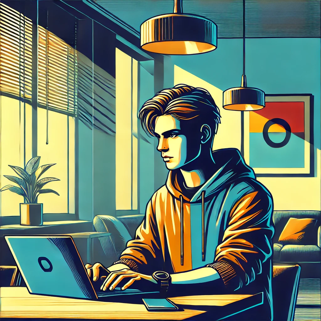 A vibrant, stylized illustration of a young adult using ChatGPT on a laptop in a modern, cozy office or study setting. The color scheme is bright yet