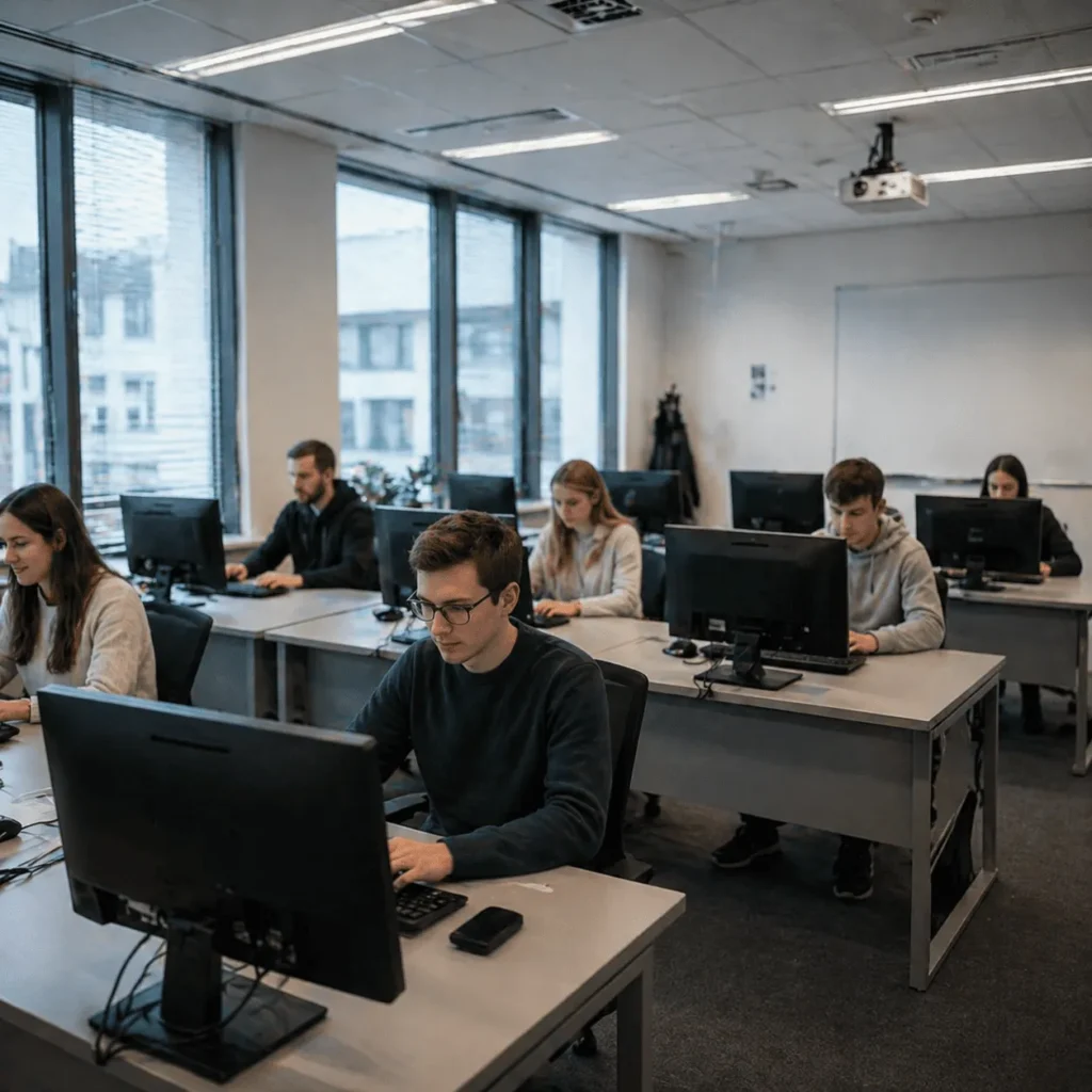 Grupa osób pracujących indywidualnie przy komputerach w sali szkoleniowej lub biurze (np. kurs, warsztaty lub praca zespołowa)