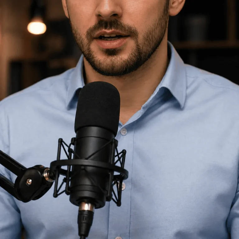 Zaawansowany tryb głosowy Chatgpt 5 Mężczyzna mówi do mikrofonu w studiu, nagrywając wypowiedź lub podcast.