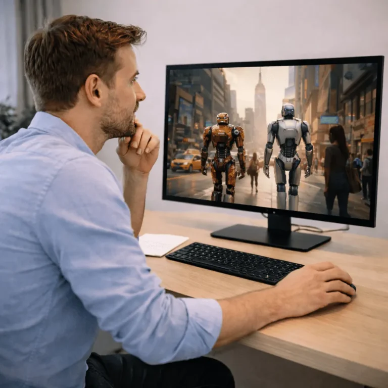 Mężczyzna ogląda na monitorze scenę z dwoma robotami idącymi ulicą miasta.