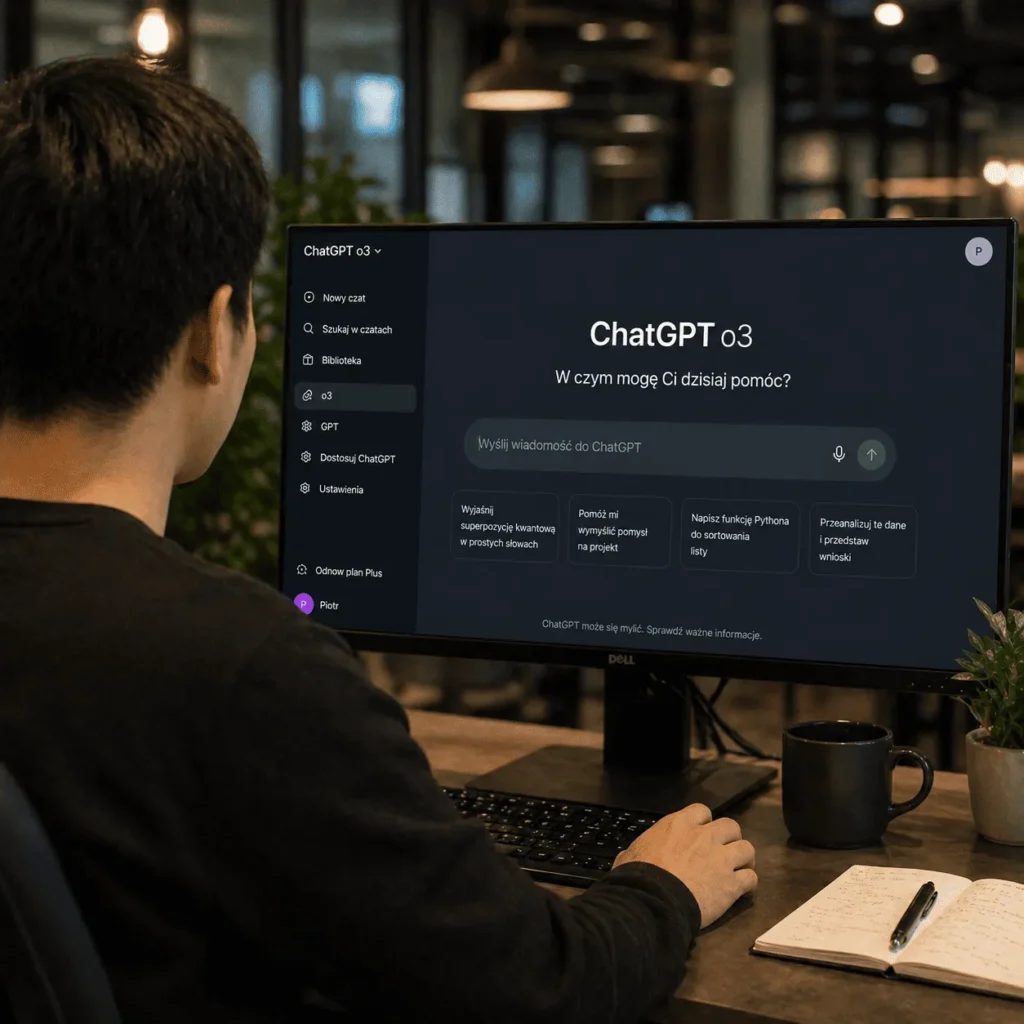 Mężczyzna korzysta z ChatGPT o3 na monitorze komputera w biurze