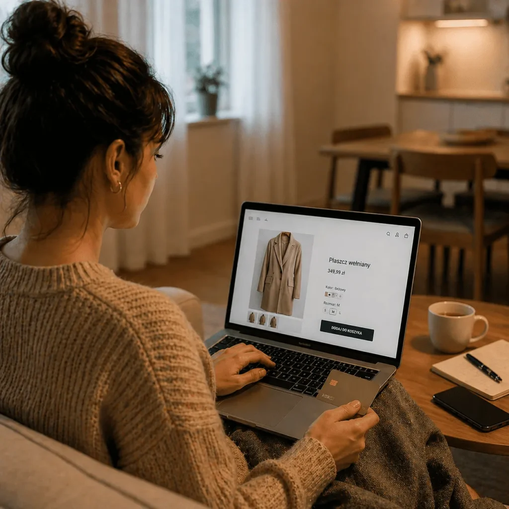 Kobieta kupująca płaszcz wełniany online na laptopie, trzymająca kartę płatniczą w domu