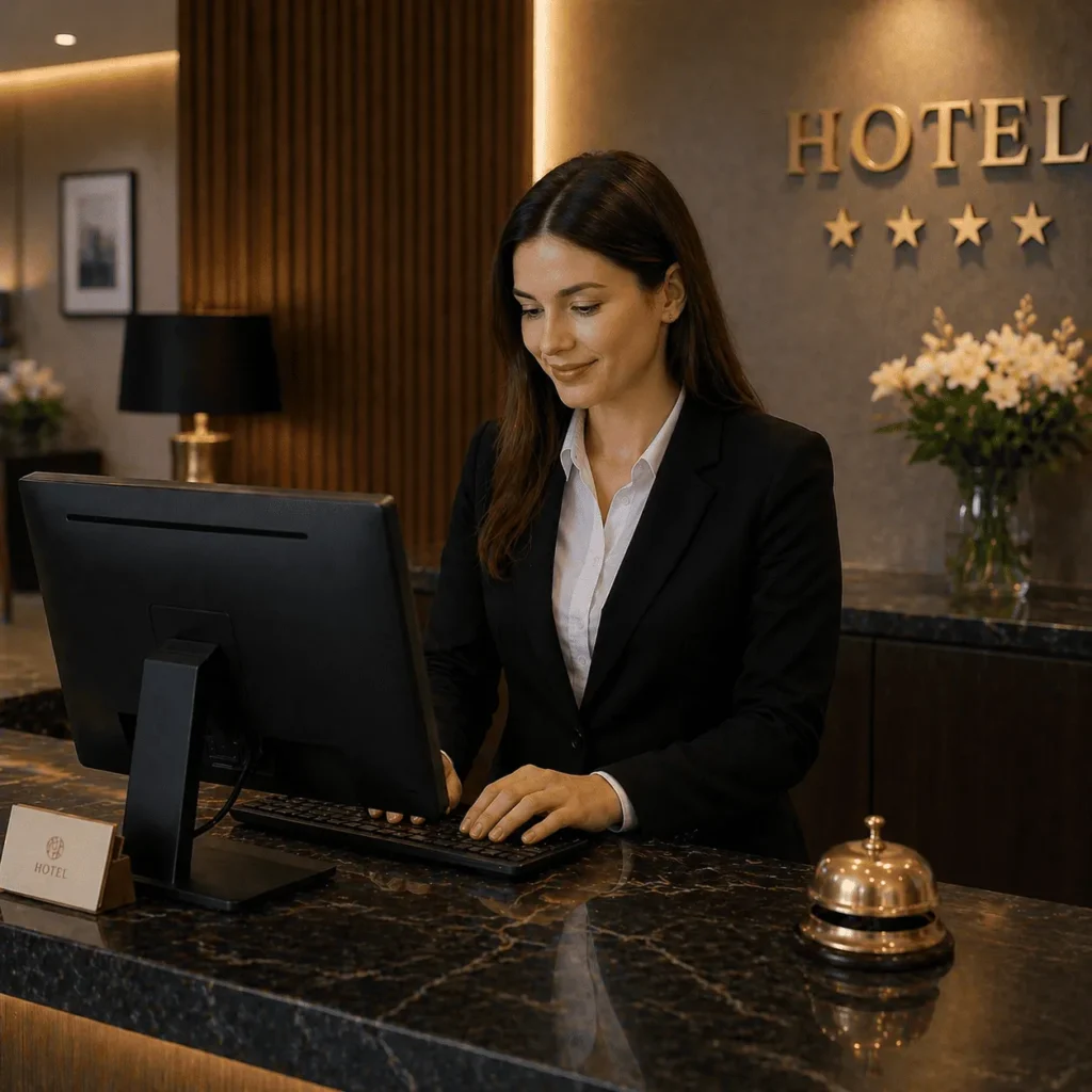 Recepcjonistka pracująca przy komputerze w recepcji hotelu czterogwiazdkowego