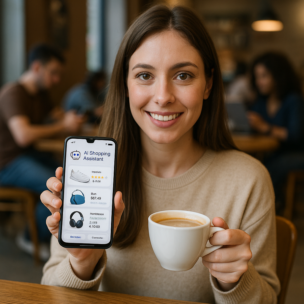 kobieta w kawiarni robi zakupy na telefonie za pomocą AI