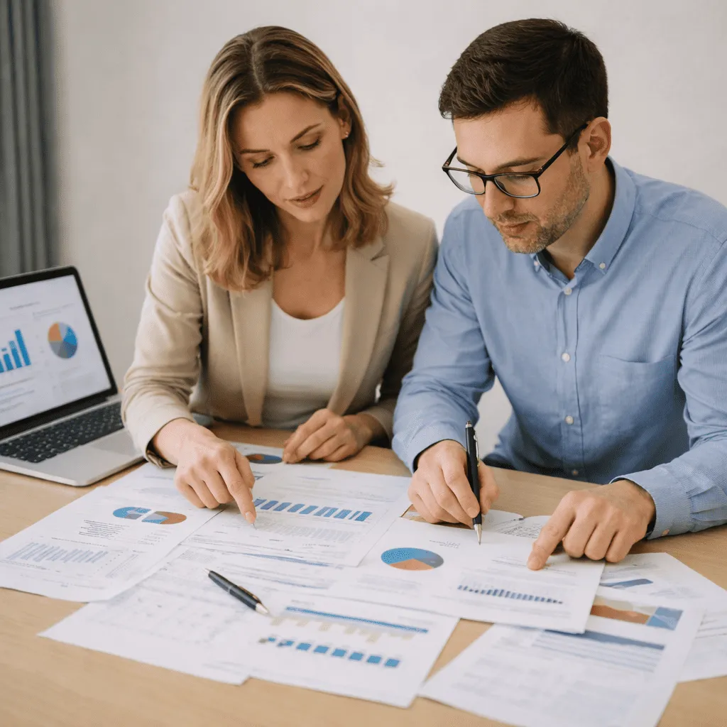 Dwoje współpracowników siedzących przy biurku i analizujących wydrukowane raporty oraz wykresy. Oboje wskazują konkretne fragmenty dokumentów.