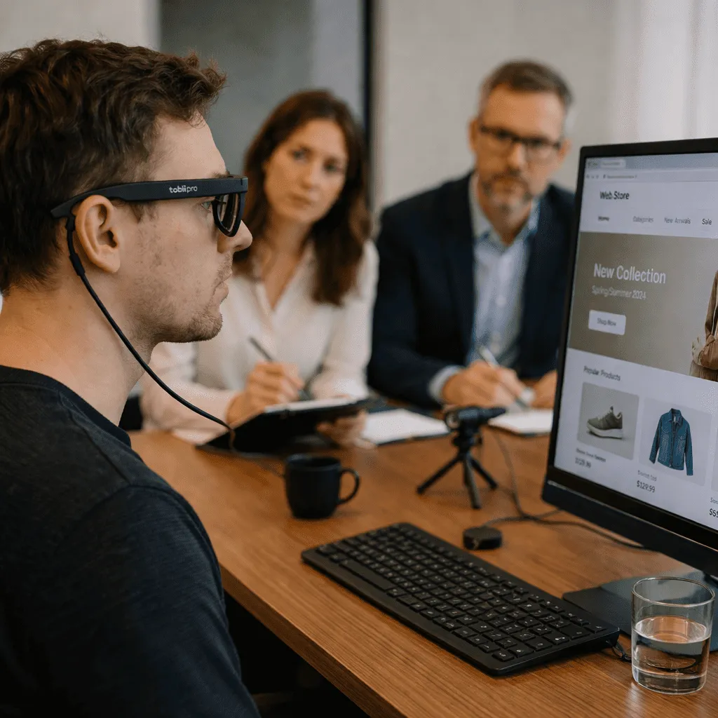 Badanie eye tracking użytkownika analizującego sklep internetowy na monitorze w obecności zespołu badawczego