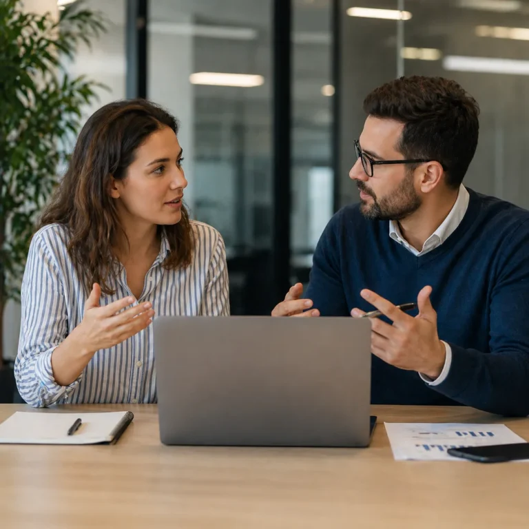 Dwoje współpracowników prowadzących dyskusję i wymieniających pomysły przy laptopie podczas spotkania w biurze