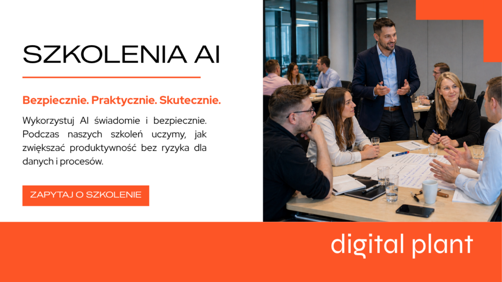 Grafika informacyjna o szkoleniach AI w digital plant
