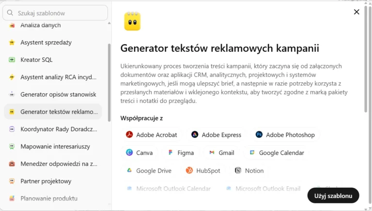Interfejs generatora tekstów reklamowych kampanii