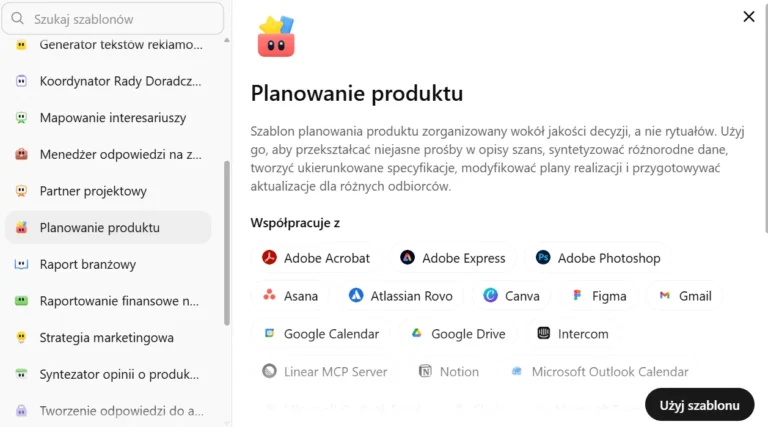 Interfejs agenta planowania produktu