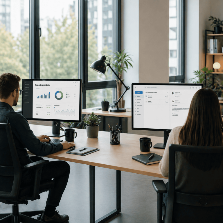 Dwóch pracowników w nowoczesnym biurze pracuje przy komputerach – jeden analizuje raporty sprzedaży, a druga osoba odpowiada na wiadomości e-mail, siedząc przy wspólnym biurku w jasnej przestrzeni biurowej.