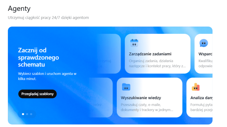 Interfejs sekcji Agenty z przyciskiem przeglądania szablonów i modułami funkcji