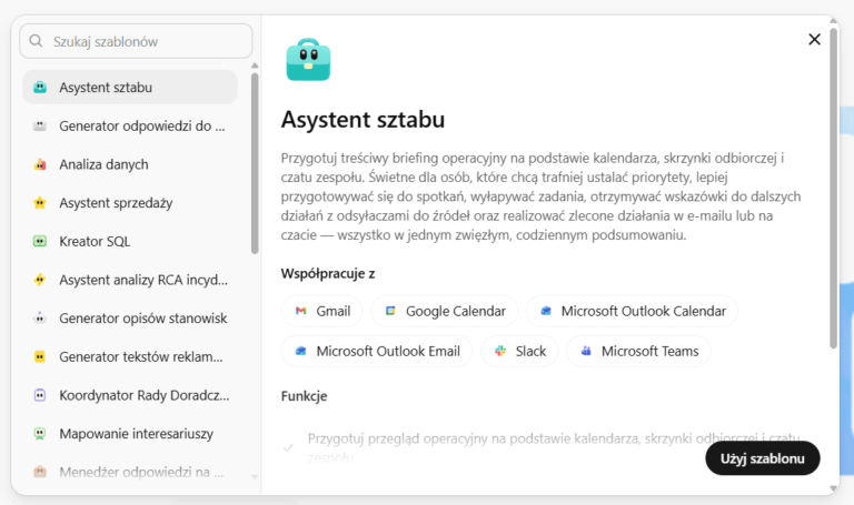Panel szablonów agentów OpenAI z otwartym oknem Asystenta sztabu