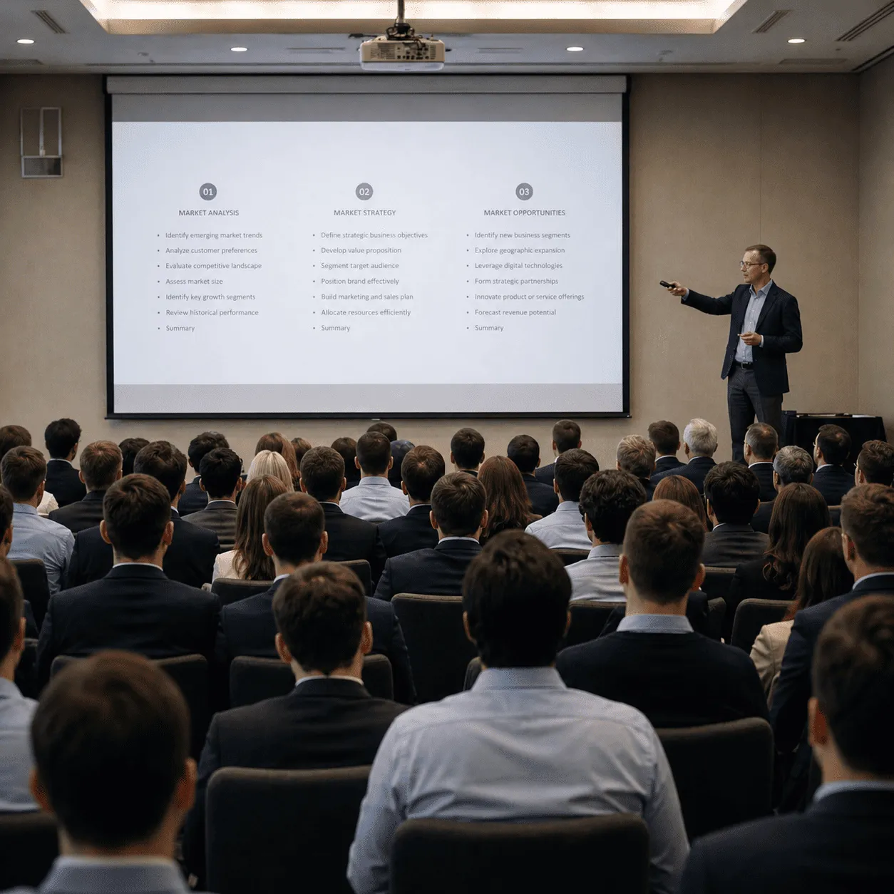 Prelegent prowadzący prezentację strategii rynkowej przed publicznością na konferencji biznesowej