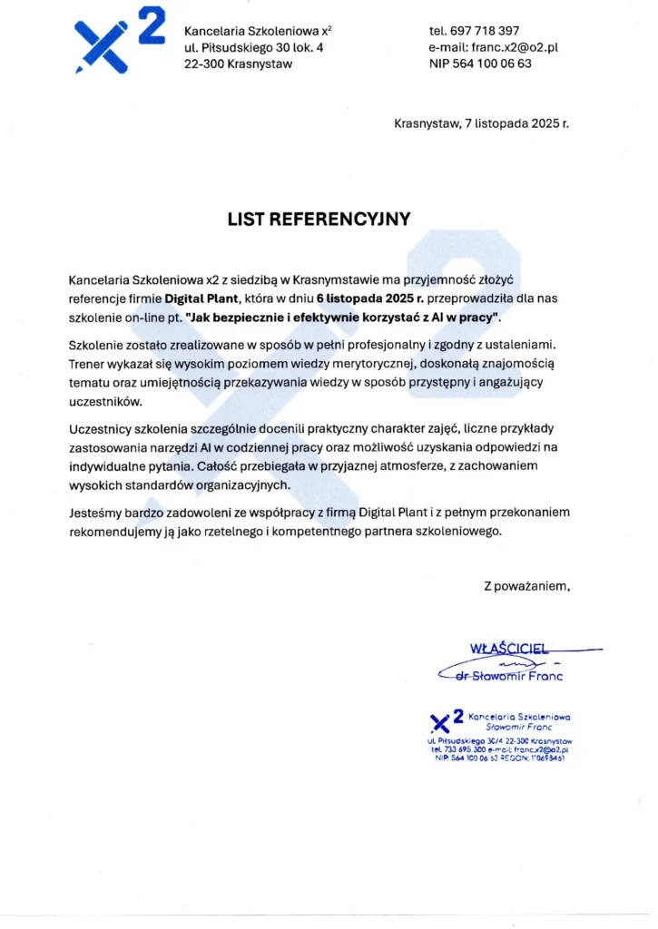 referencje kancelarii x2 dla digital plant szkolenie AI