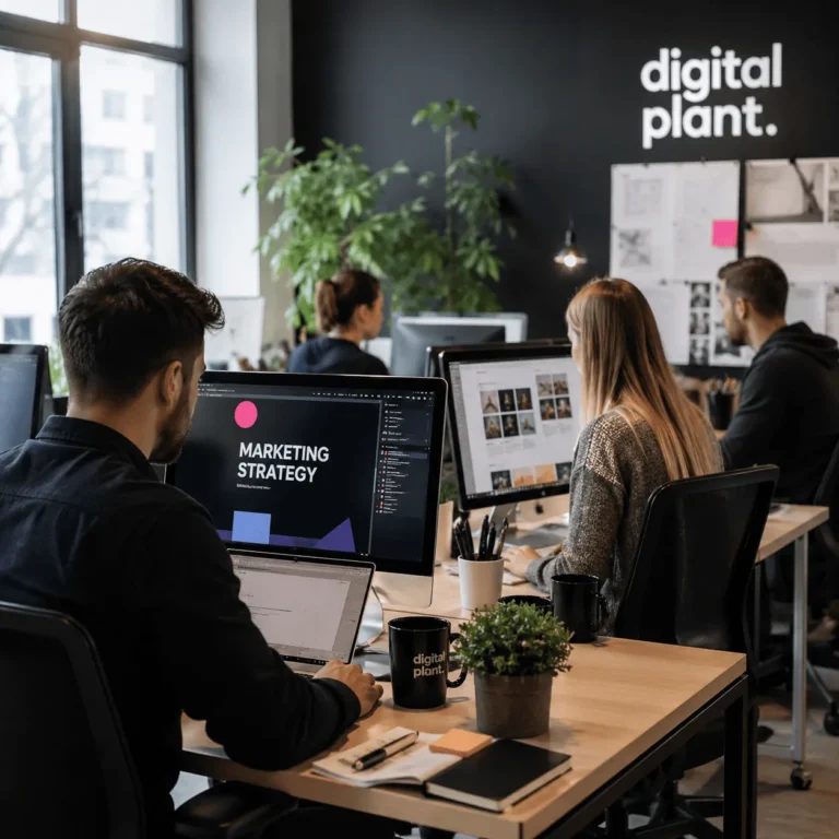 Zespół pracuje przy komputerach w biurze, na ekranie projekt „marketing strategy”, na ścianie logo digital plant, na biurkach kubki, notes i roślina.