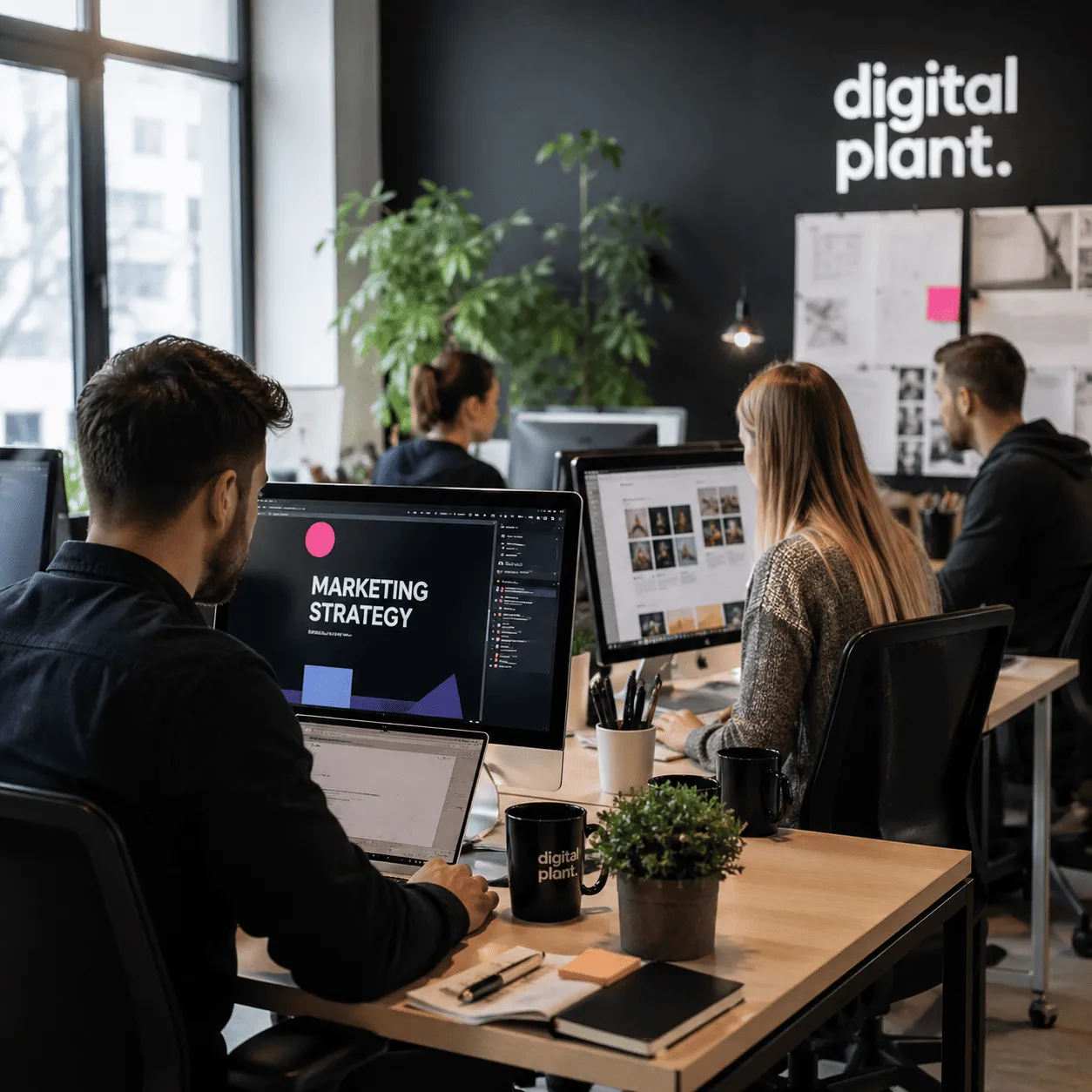 Zespół pracuje przy komputerach w biurze, na ekranie projekt „marketing strategy”, na ścianie logo digital plant, na biurkach kubki, notes i roślina.