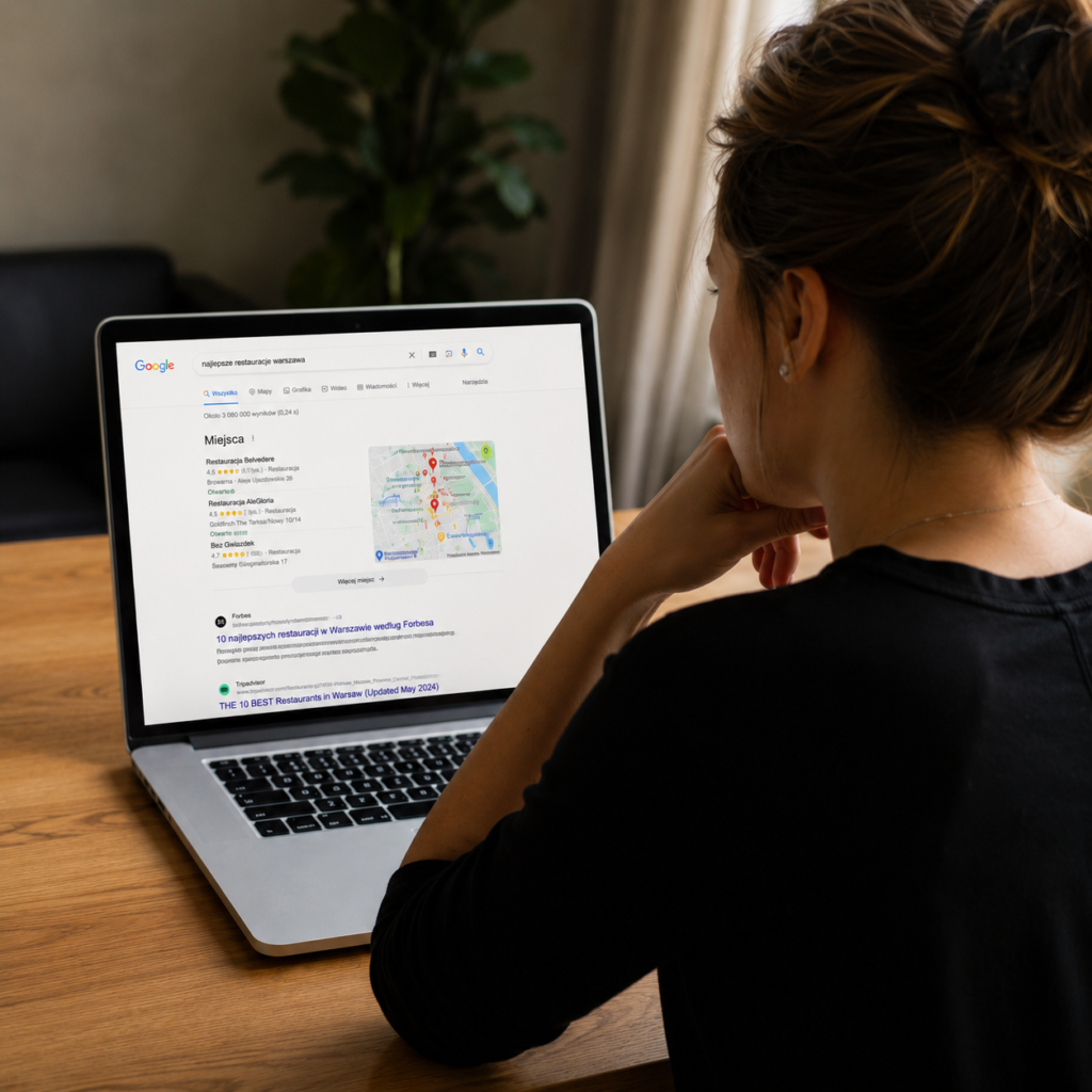 Optymalizacja pod AI Search – obalamy mity! 19 Kobieta siedzi przy drewnianym stole i przegląda wyniki wyszukiwania Google na laptopie. Na ekranie widoczna jest sugestia od ChatGPT dotycząca najlepszych restauracji w Warszawie, wyświetlona nad standardowymi wynikami Google.