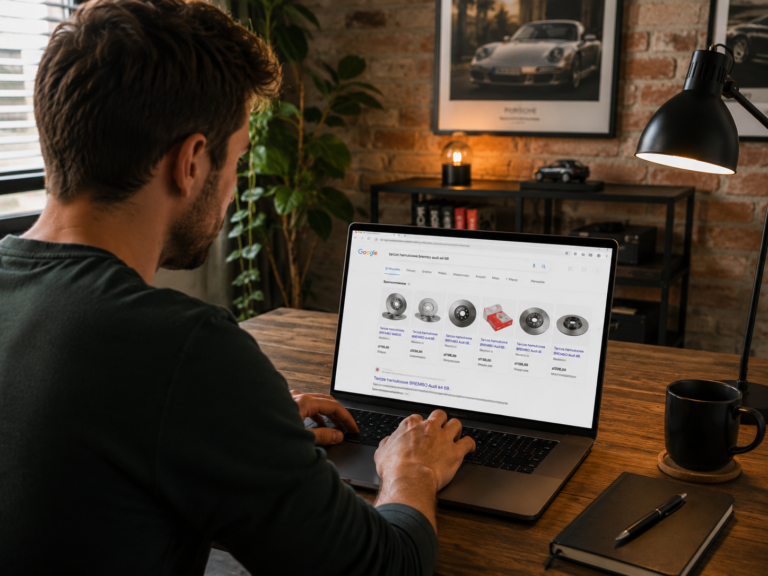Mężczyzna siedzi przy biurku i przegląda na laptopie wyniki wyszukiwania Google dotyczące tarcz hamulcowych do samochodu Audi. Na ekranie widoczne są sponsorowane oferty produktów z cenami i zdjęciami części samochodowych.