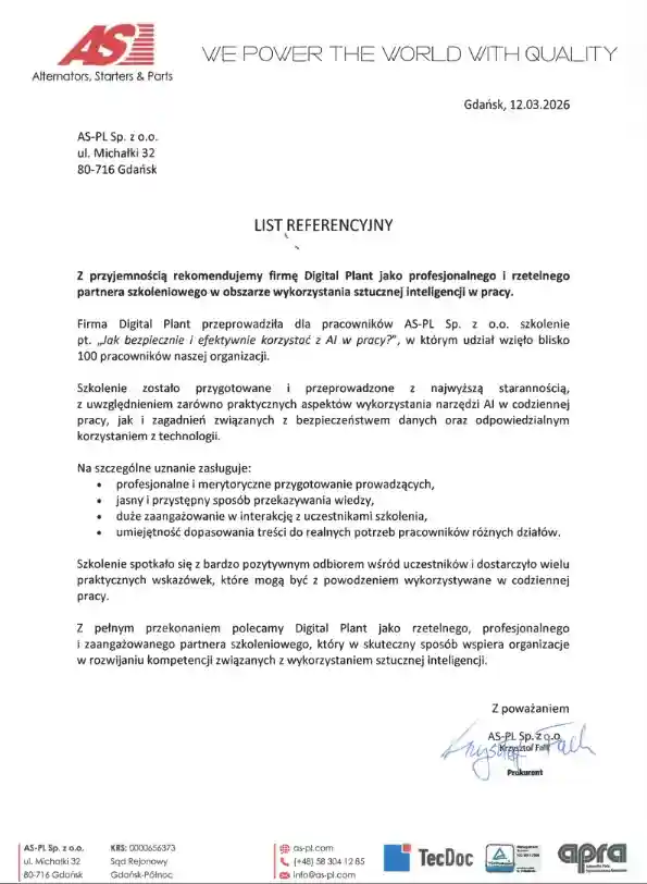 List referencyjny o firmie Digital Plant od AS-PL
