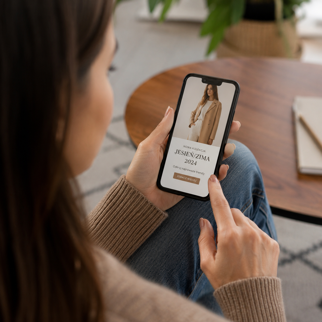 Kobieta siedzi w domowym wnętrzu i przegląda reklamę odzieży na ekranie smartfona. Na telefonie widoczna jest promocja kolekcji jesień/zima z fotografią modelki oraz przyciskiem „Zobacz więcej”.