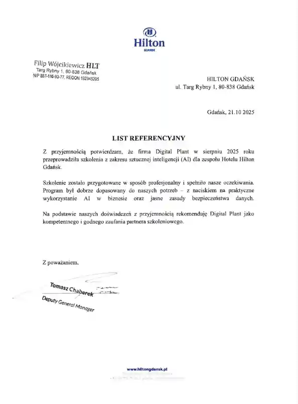 Treść listu referencyjnego od firmy Hilton Gdańsk