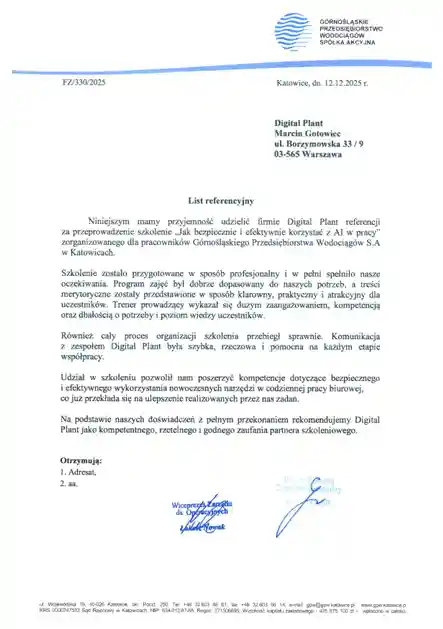 List referencyjny od Górnośląskiego przedsiębiorstwa wodociągów