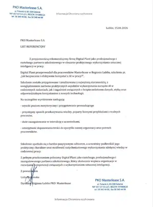 List referencyjny od PKO Masterlease