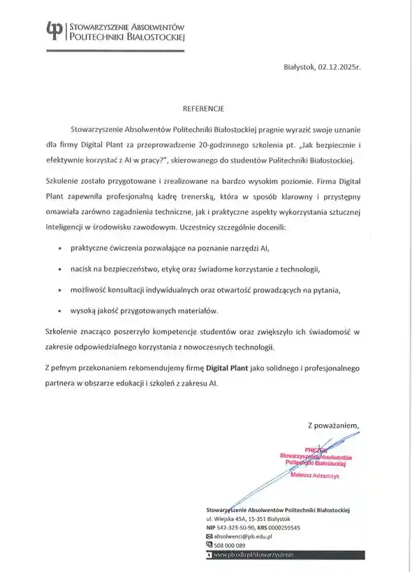 Referencje od Stowarzyszenia Absolwentów Politechniki Białostockiej