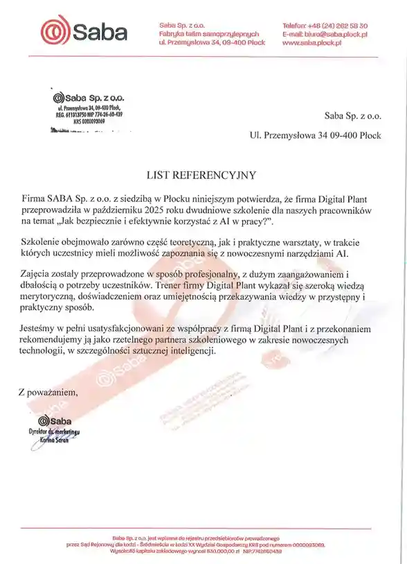 List referencyjny od firmy Saba o szkoleniu AI od digital plant