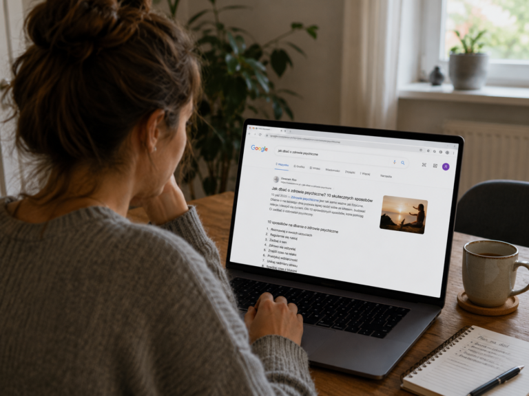 Kobieta siedzi przy drewnianym stole i korzysta z laptopa, przeglądając w Google informacje o zdrowiu psychicznym. Na ekranie widoczne są wyniki wyszukiwania z artykułem dotyczącym dbania o zdrowie psychiczne.
