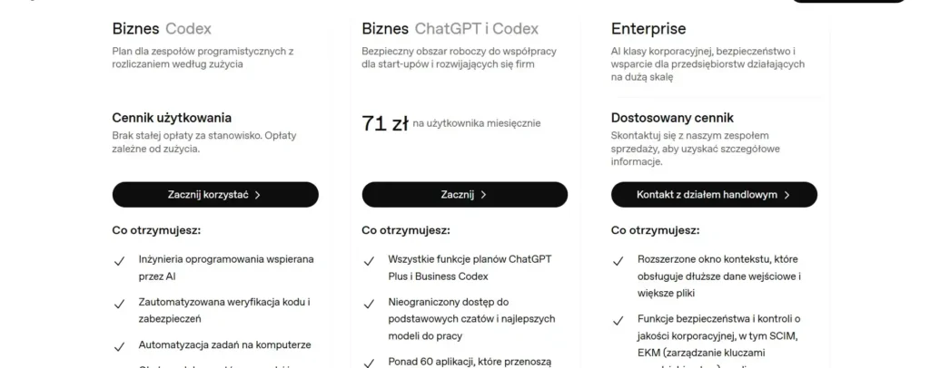 interfejs wyboru planu biznesowego chatgpt