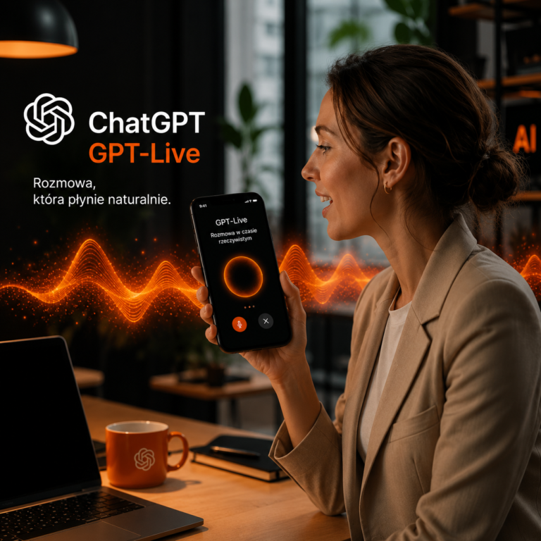 GPT-Live - nowa funkcja ChatGPT. Jak działa i co potrafi? 13 Grafika przedstawiająca nową funkcję GPT-Live w ChatGPT od OpenAI, umożliwiającą prowadzenie naturalnych rozmów głosowych ze sztuczną inteligencją