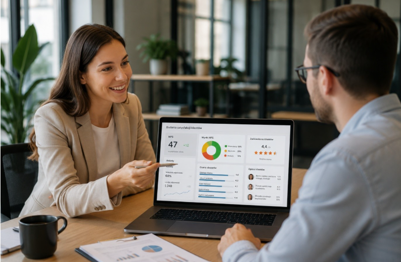 Konsultant prezentuje wyniki badan satysfakcji klientow CX podczas spotkania z klientem. Na ekranie laptopa widoczny jest dashboard z analiza NPS ankietami oraz wskaznikami Customer