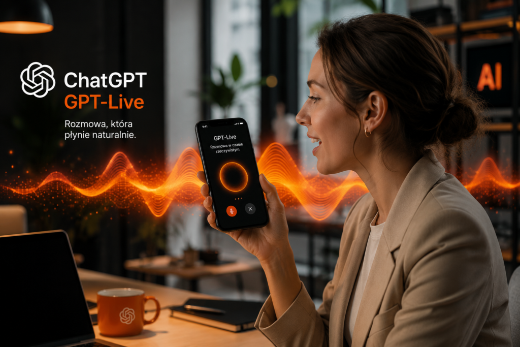 Osoba prowadzi rozmowę z ChatGPT w trybie GPT-Live na smartfonie w nowoczesnym biurze.