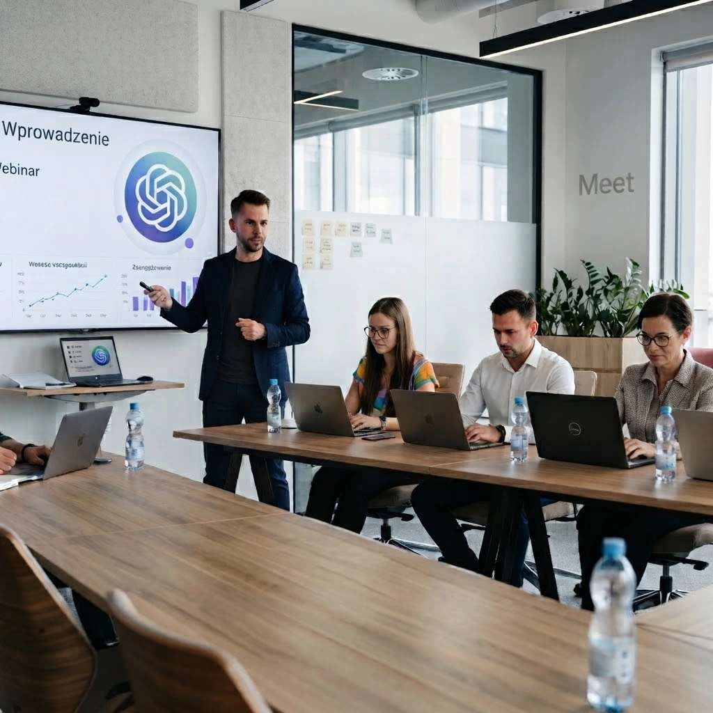 Szkolenia AI dla firm - od czego zacząć wdrażanie sztucznej inteligencji w firmie 4 Szkolenie AI dla firm prowadzone przez trenera w nowoczesnym biurze, podczas którego uczestnicy uczą się wykorzystywać sztuczną inteligencję w codziennej pracy
