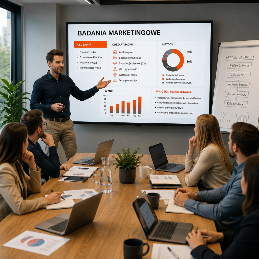 Badania marketingowe - rodzaje i kiedy je stosować 3 Szkolenie z badań marketingowych prowadzone przez trenera w nowoczesnej sali konferencyjnej. Uczestnicy analizują wyniki badań rynku, wykresy oraz raporty marketingowe podczas praktycznych warsztatów