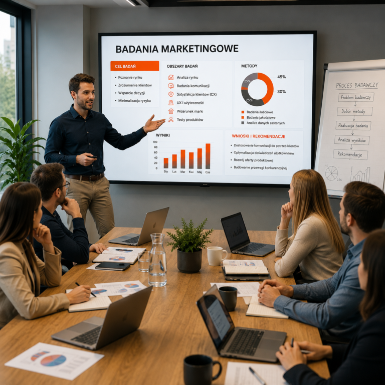 Szkolenie z badań marketingowych prowadzone przez trenera w nowoczesnej sali konferencyjnej. Uczestnicy analizują wyniki badań rynku, wykresy oraz raporty marketingowe podczas praktycznych warsztatów