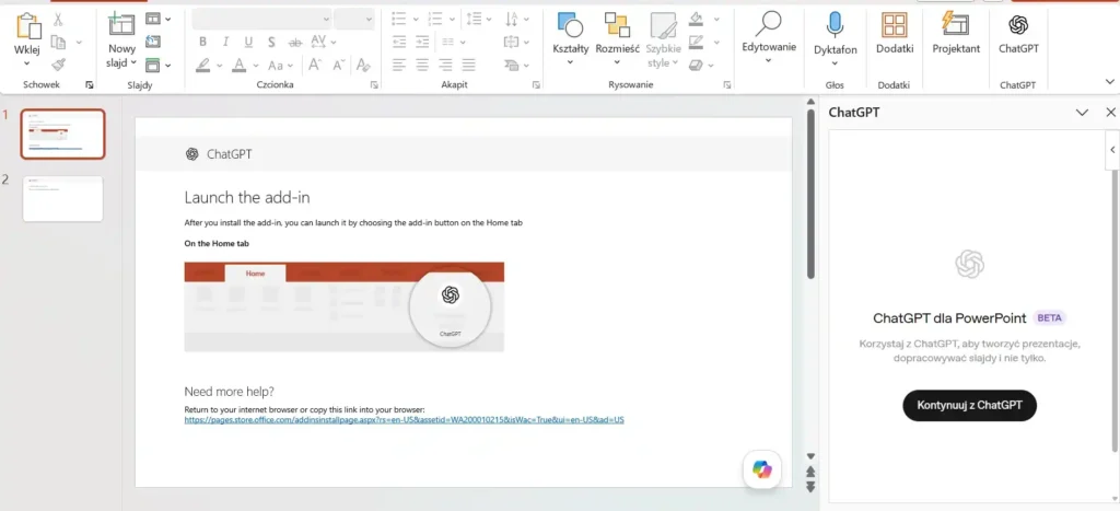 Zrzut ekranu programu Microsoft PowerPoint z otwartym dodatkiem ChatGPT po prawej stronie oraz prezentacją z instrukcją uruchomienia dodatku