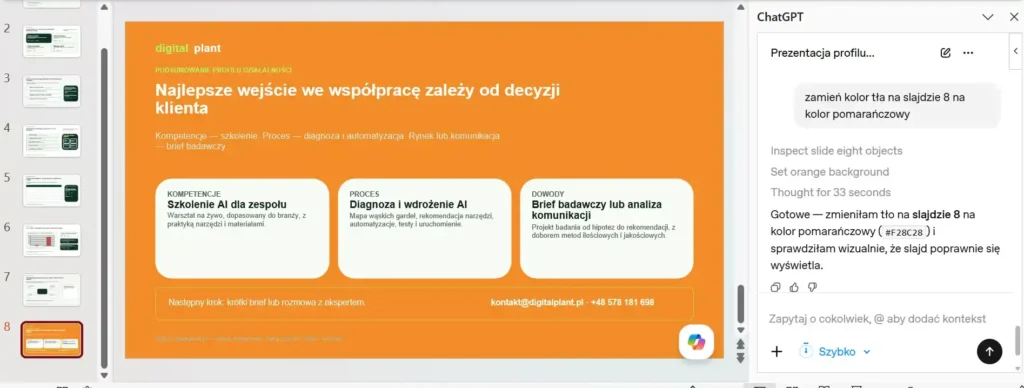 chatgpt-w-powerpoint-zmienia-kolor-tla-slajdu-na-pomaranczowy-pokazujac-edycje-prezentacji-firmowej-przez-asystenta-ai-w-microsoft-office