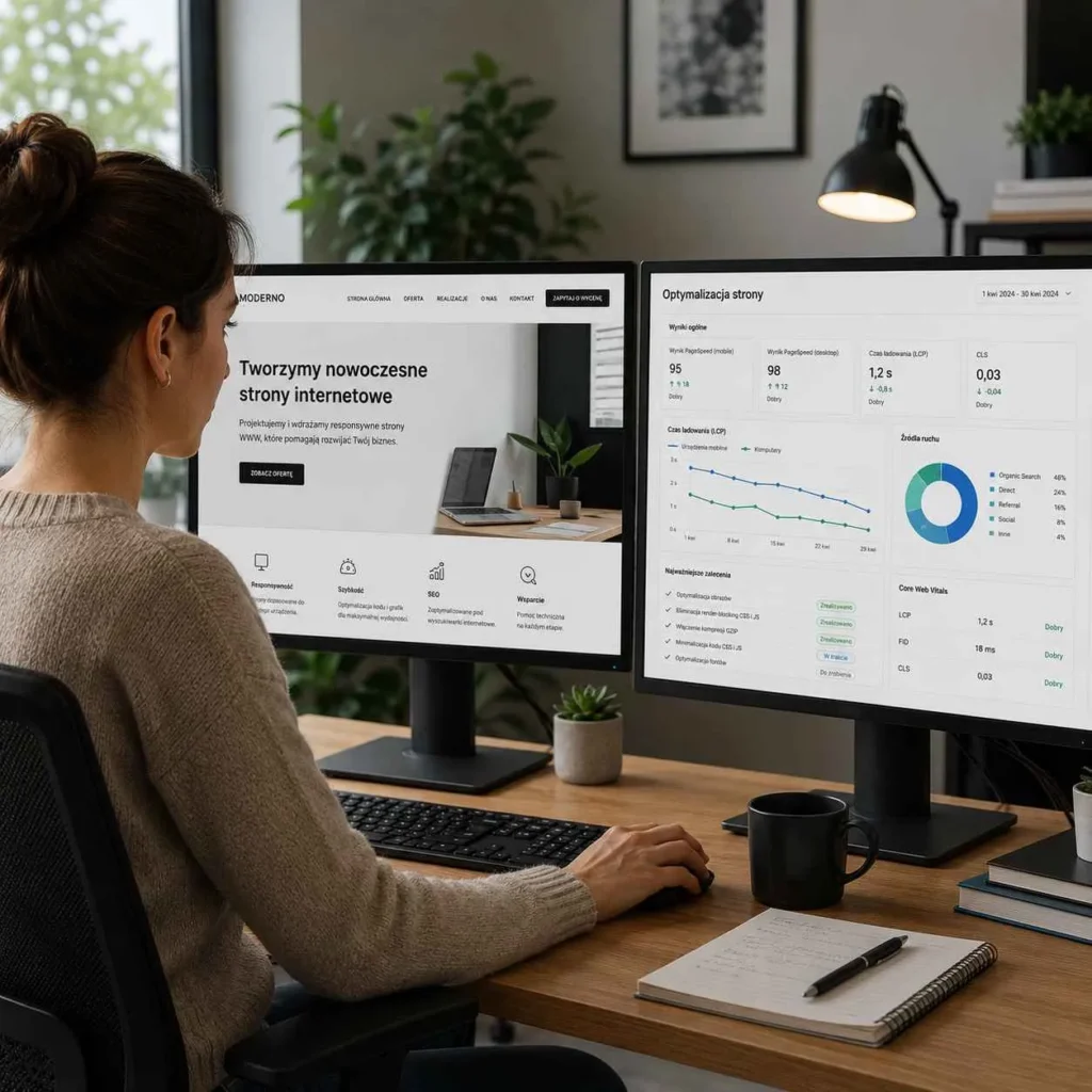 Czym jest Open Knowledge Format od Google? 9 kobieta-analizuje-strone-internetowa-i-wyniki-optymalizacji-na-monitorach-przy-uzyciu-okf