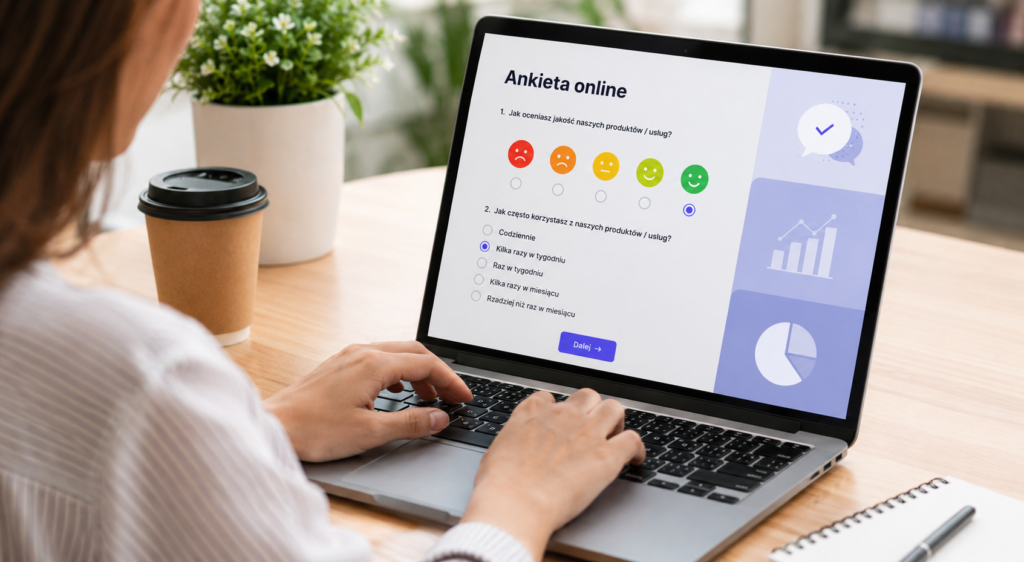 Kobieta wypełnia ankietę online na laptopie, odpowiadając na pytania dotyczące oceny produktów i usług.