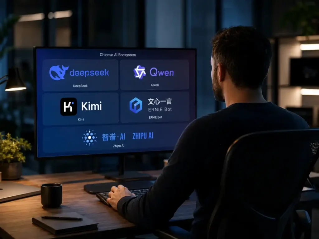 mezczyzna-po-kryzysie-fable 5-pracujacy-przy-komputerze-przeglada-ekosystem-chinskich-modeli-ai-deepseek-qwen-kimi-ernie-bot-i-zhipu-ai-na-monitorze-w-biurze-noca