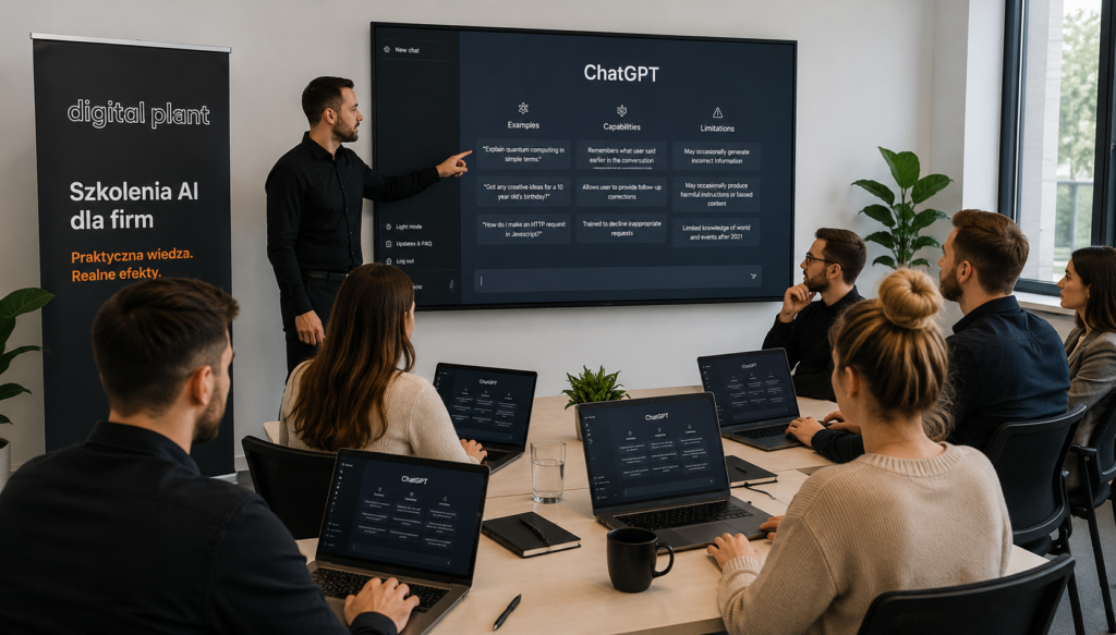 Grafika pokazuje szkolenie ChatGPT dla firm w digital plant
