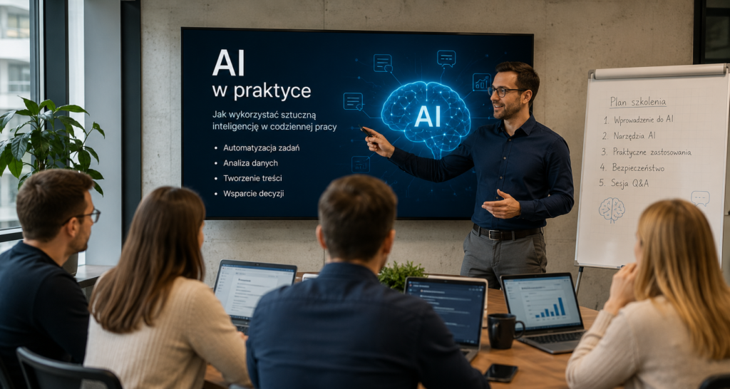 Szkolenie AI dla pracowników w sali konferencyjnej.