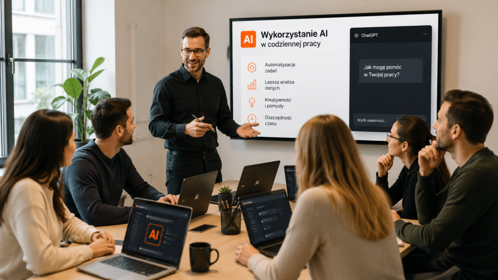 Szkolenie ChatGPT dla pracowników – trener prowadzący warsztaty AI z zespołem korzystającym z laptopów.