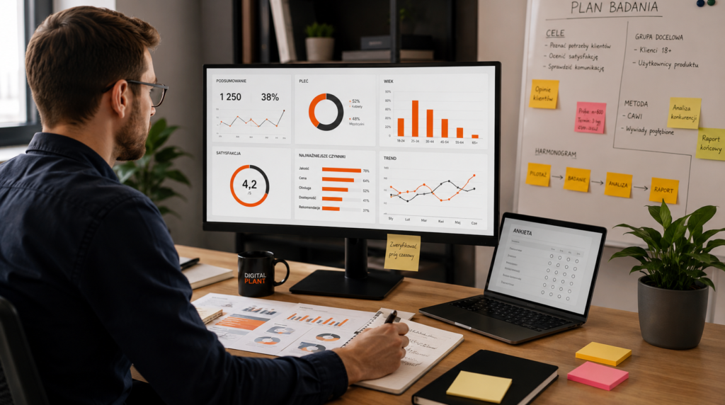 poziome zdjęcie pokazuje analityka pracującego nad metodologią i danymi badania marketingowego, z dashboardami, ankietą, raportami i planem projektu w tle